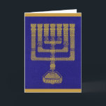 Het Tempel Menorah wenskaart Feestdagen Kaart<br><div class="desc">Dit wenskaart bevat een afdruk van een origineel borduurwerk van de Lampenkraam (menora) die in de oude Tempel in Jeruzalem is gevonden. Ingebed in het borduurwerk is tekst, in Hebreeuwse letters, uit Exodus 25:35, die de vormgeving van de Lampenkraam door tempelambachtslieden beschrijft. De opbrengst van de verkoop van deze kaart...</div>