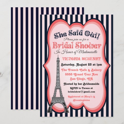 Het thema Bridal Shower Uitnodigingen van Parijs (Voorkant / Achterkant)