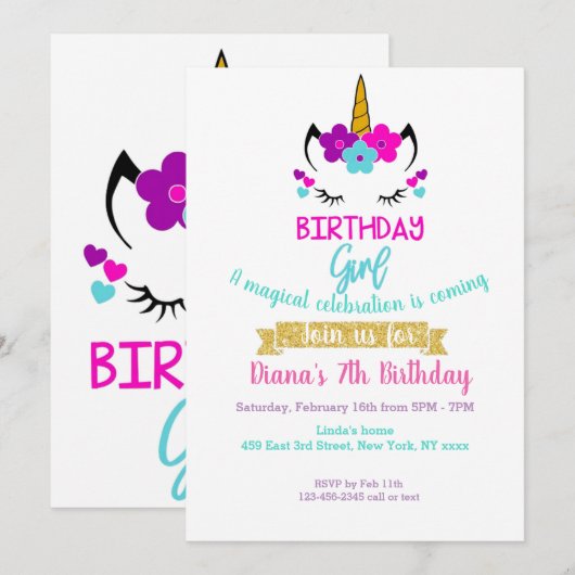 Het thema van de uitnodiging van het meisje op de  (Voorkant / Achterkant)