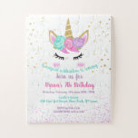 Het thema van de uitnodiging van het meisje op de  legpuzzel<br><div class="desc">Unicorn First Birthday Party Invitation. Cute design in faux glitter Gold met florale accent. Paars, blauwgroen, roze goud en wit. Ideaal voor een magische viering van de eerste dag. Maak het uw eigen door jouw tekst toe te voegen. Als u toegang wilt krijgen tot geavanceerde bewerkingsgereedschappen, gaat u naar "Personaliseren",...</div>