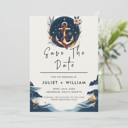 Het touw knoop boot schip marine blauw nautische b save the date (Staand voorkant)