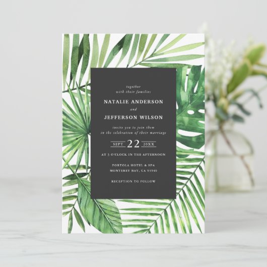 Het tropische blad en de waterverf van het manuscr save the date (Staand voorkant)