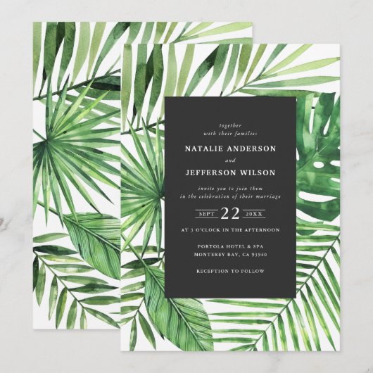 Het tropische blad en de waterverf van het manuscr save the date (Voorkant / Achterkant)