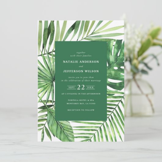 Het tropische blad en de waterverf van het manuscr save the date (Staand voorkant)