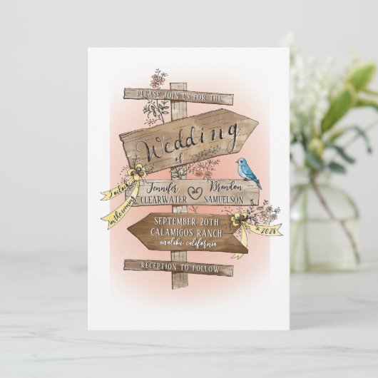 Het trouwbord zegt hand getrokken Waterverf rustie Kaart (Staand voorkant)