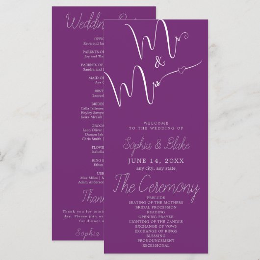 Het Trouwprogramma Mr & Mrs Minimalist Paars (Voorkant / Achterkant)