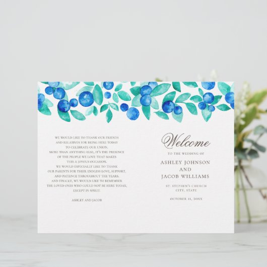 Het trouwprogramma voor bosbessen. Waterverf blauw (Staand voorkant)