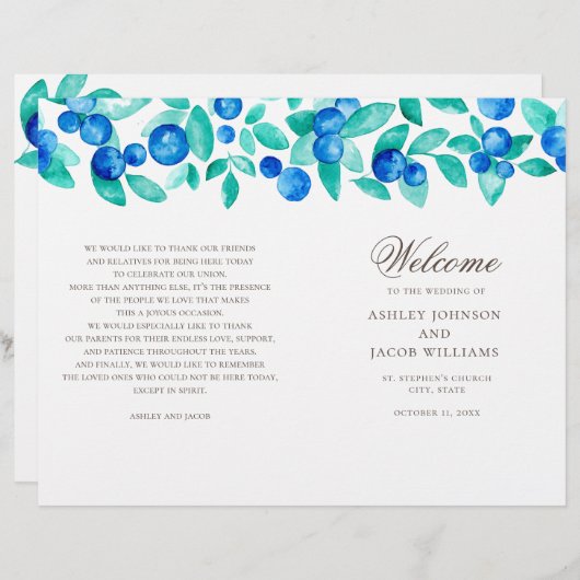 Het trouwprogramma voor bosbessen. Waterverf blauw (Voorkant / Achterkant)