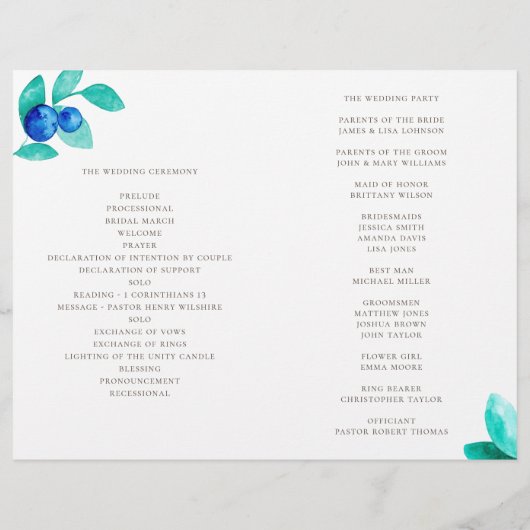 Het trouwprogramma voor bosbessen. Waterverf blauw (Achterkant)