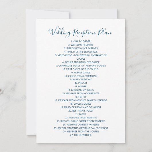 Het trouwreceptie gastheer gastenplan blauw wit aankondiging (Achterkant)