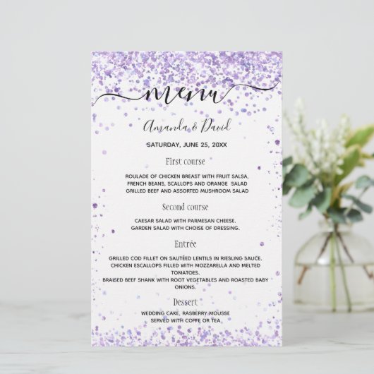 Het trouwviolet witte glitter van het menu manuscr (Staand voorkant)