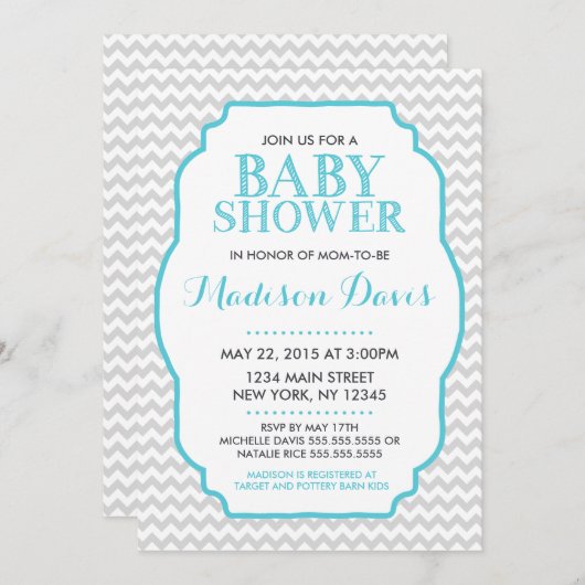 Het Turquoise en Grijze Chevron Baby shower Kaart (Voorkant / Achterkant)