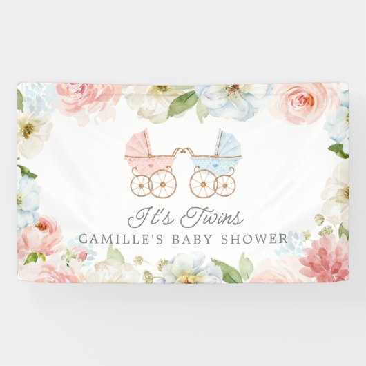 Het Tweeling Baby Shower Blauw Roze Bloemstuk Welk Spandoek (Horizontaal)