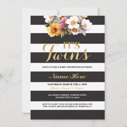 Het Tweeling Baby Shower Streep Goud Bloemige Uitn Kaart (Voorkant)