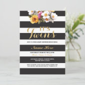 Het Tweeling Baby Shower Streep Goud Bloemige Uitn Kaart (Staand voorkant)