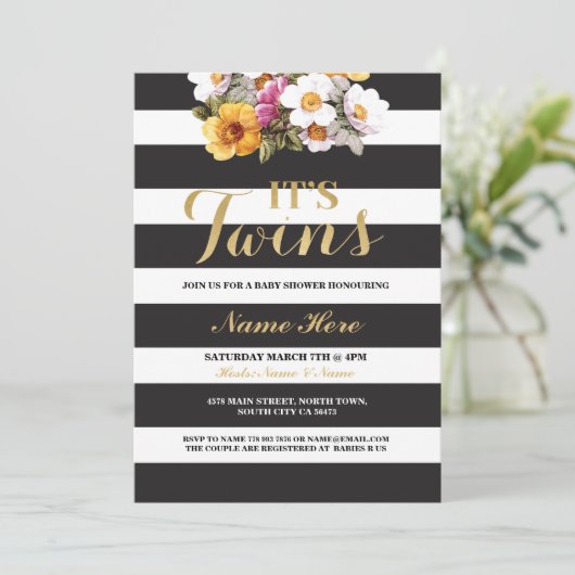 Het Tweeling Baby Shower Streep Goud Bloemige Uitn Kaart (Staand voorkant)