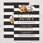 Het Tweeling Baby Shower Streep Goud Bloemige Uitn Kaart (Voorkant / Achterkant)