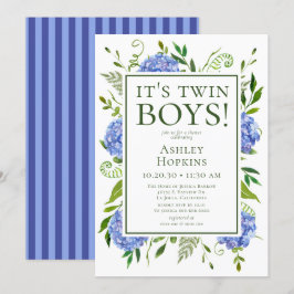 Het Tweeling Jongens Blauwe Hortensia Baby Shower  Kaart