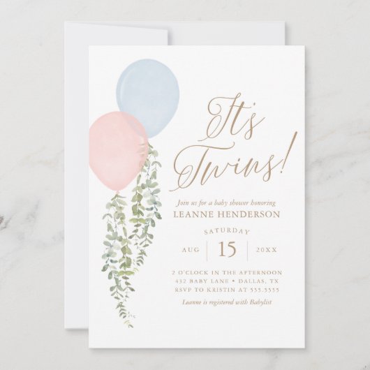 Het Twins roze blauwe ballon Eucalyptus Baby showe Kaart (Voorkant)