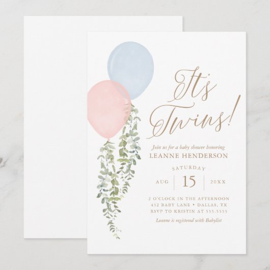 Het Twins roze blauwe ballon Eucalyptus Baby showe Kaart (Voorkant / Achterkant)