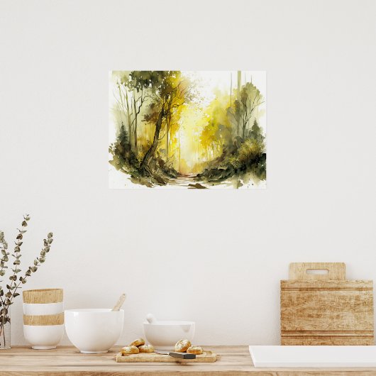 Het uitnodigen van Sun-dappled Forest Waterverf Poster (Keuken)