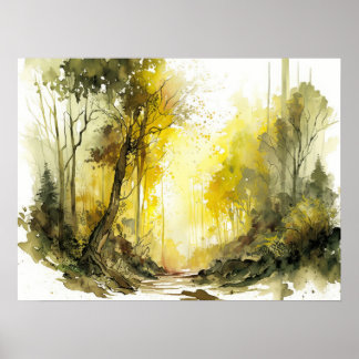 Het uitnodigen van Sun-dappled Forest Waterverf Poster