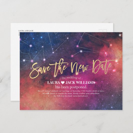Het Uitstel van de bruiloft sparen de Nieuwe Datum Aankondigingskaart (Voorkant / Achterkant)