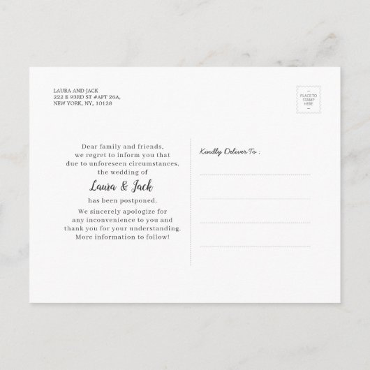 Het uitstellen van het huwelijk wij nog steeds con aankondigingskaart (Achterkant)