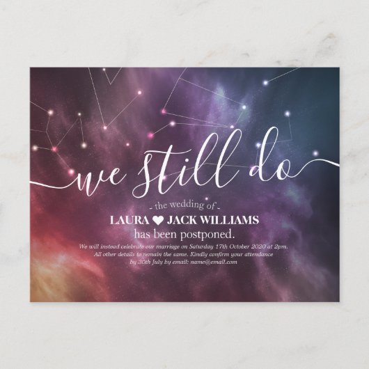 Het uitstellen van het huwelijk wij nog steeds con aankondigingskaart (Voorkant)