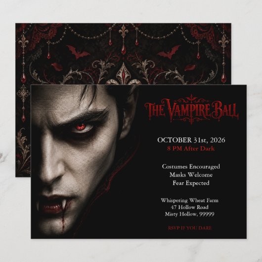 Het Vampire Bal | Gotisch Halloween Feest Kaart (Voorkant / Achterkant)