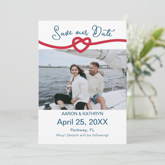 Het vastbinden van de knoop Chique nautische foto  Save The Date (Staand voorkant)
