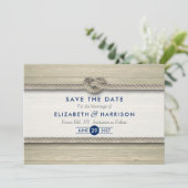 Het vastbinden van de knoop rustieke strand bruilo save the date (Staand voorkant)