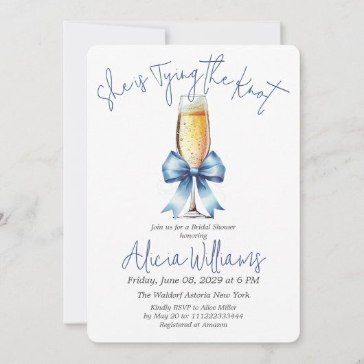 Het vastbinden van de Knot Blue Bow en Prosecco Vr Kaart (Voorkant)