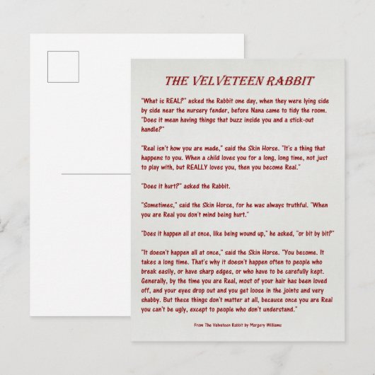 Het Velveteen konijn - Wat is er echt?  Briefkaart (Voorkant / Achterkant)