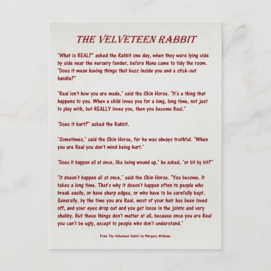 Het Velveteen konijn - Wat is er echt?  Briefkaart (Voorkant)