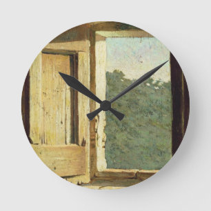 Het venster (olie op canvas) ronde klok