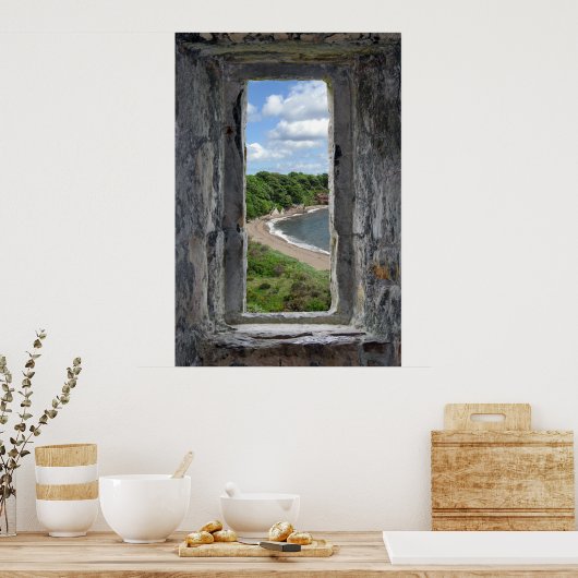 Het Venster van de steen die een Beach en Bomen on Poster (Keuken)