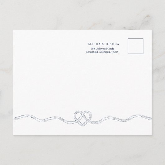 Het verbinden van de Knot Rope Heart Nautical Navy Aankondigingskaart (Achterkant)