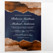 Het verbrande Oranje Terracotta Agate Marble Navy Drieluik Uitnodiging (Binnenzijde eerst)