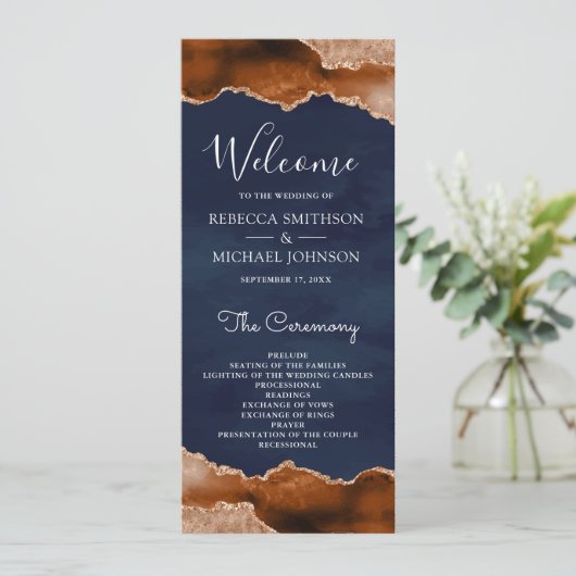 Het verbrande Oranje Terracotta Agate Marble Navy  Programmakaart (Staand voorkant)