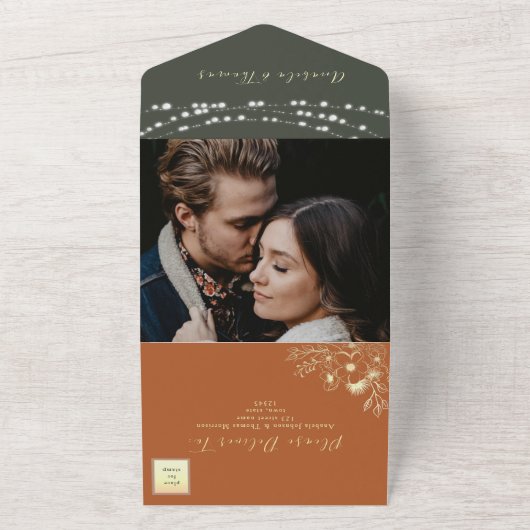 Het verbrande Oranje Terracotta Wedding All In One Uitnodiging (Buitenkant)