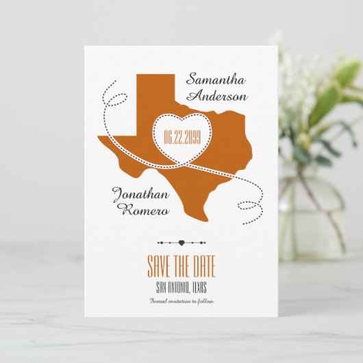 Het verbrande Sinaasappel Texas Curling Ribbon spa Save The Date (Staand voorkant)