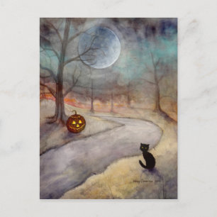 Het Vergeten Pad Halloween Zwarte Kat en Pompoen Briefkaart