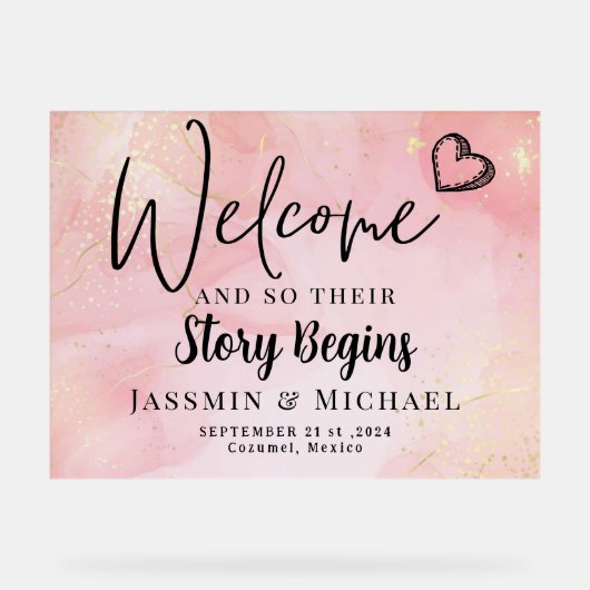 Het verhaal begint Elegant Huwelijk Welkom Acryl T Acryl Bord (Voorkant)