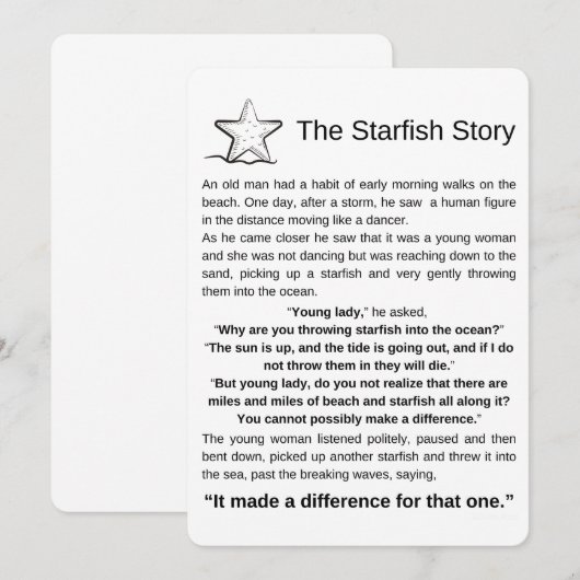 Het verhaal van de zeesterren. Zeesterren gedicht. (Voorkant / Achterkant)