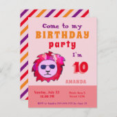 Het verjaardagsfeestje van Cool Lion Pink Kind Uitnodiging Briefkaart (Voorkant / Achterkant)
