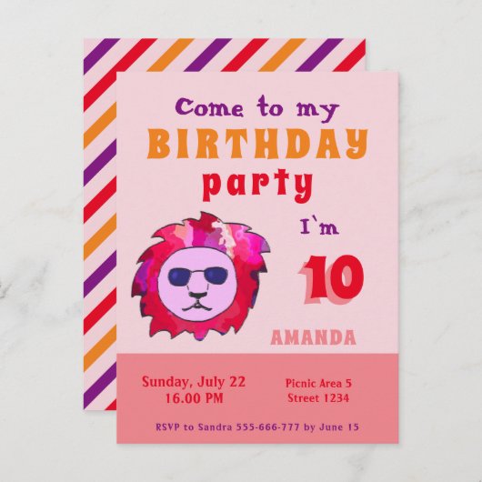 Het verjaardagsfeestje van Cool Lion Pink Kind Uitnodiging Briefkaart (Voorkant / Achterkant)