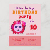 Het verjaardagsfeestje van Cool Lion Pink Kind Uitnodiging Briefkaart (Voorkant)