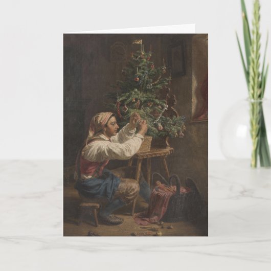 Het versieren van de kerstboom vintage schilderij kaart (Voorkant)