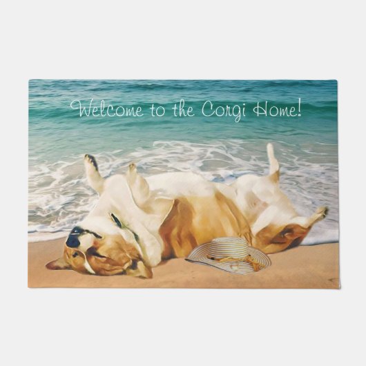 Het versoepelen van Welsh Corgi op het strand Deurmat (Voorkant)